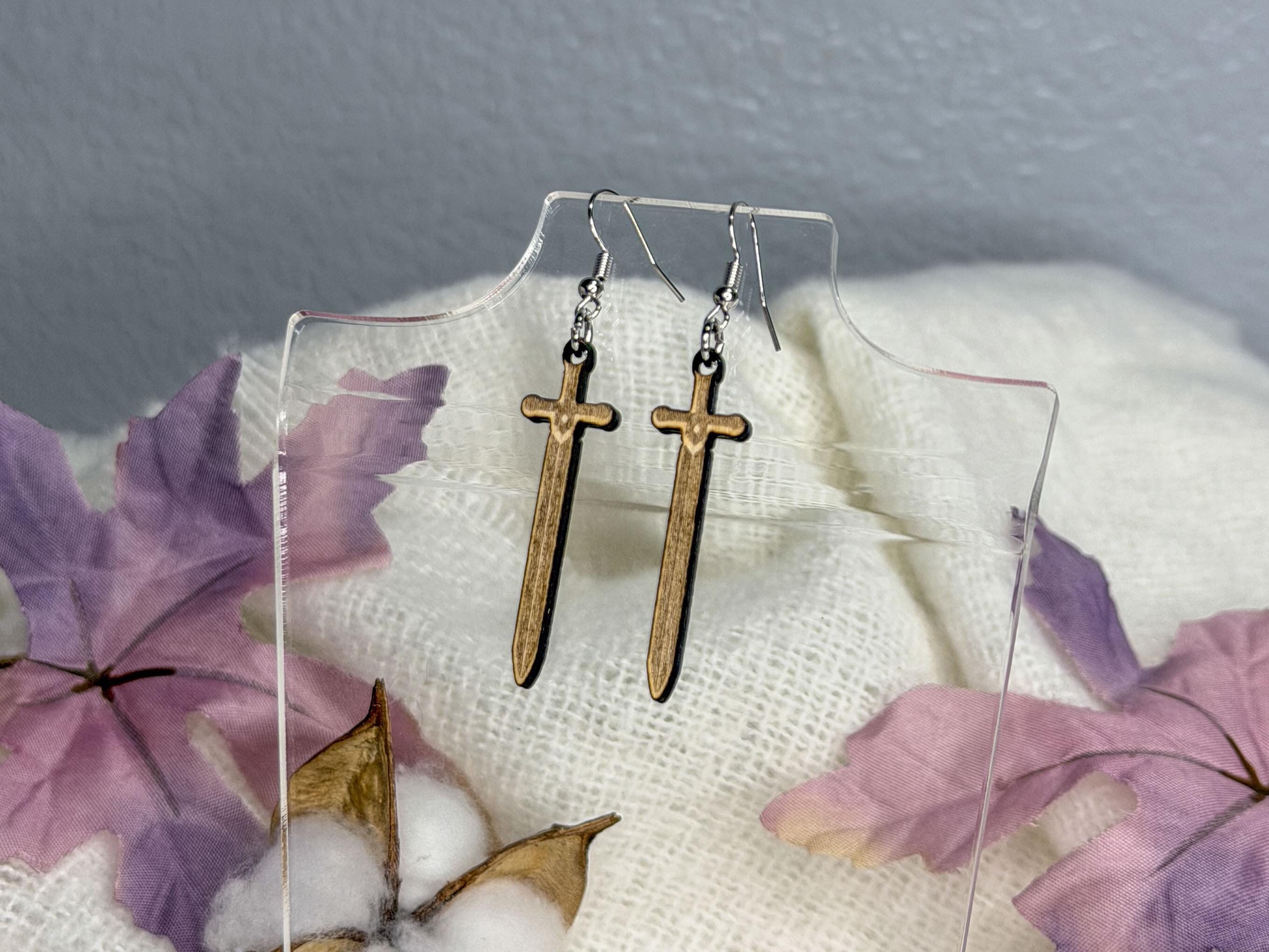 Sword Earrings | Lightweight Engraved Wooden Dangle Earrings | Bookish Fantasy Jewelry Gift