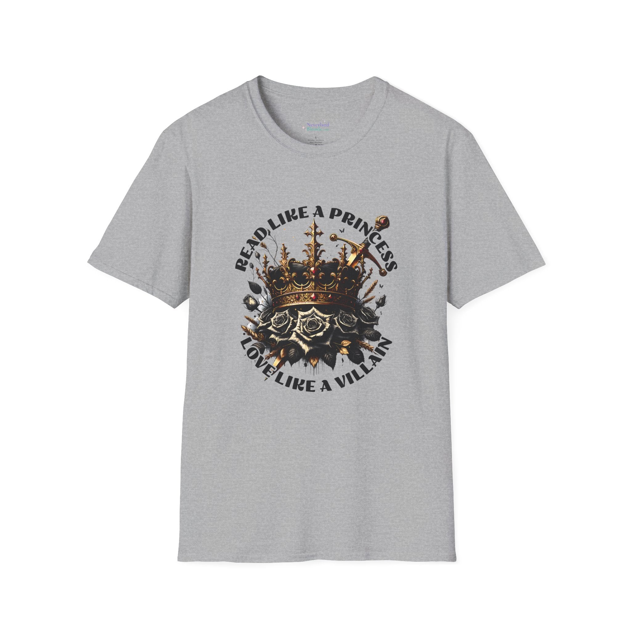 T-Shirt — "Read Like a Princess, Love Like a Villain" Crown Skull Graphic Tee