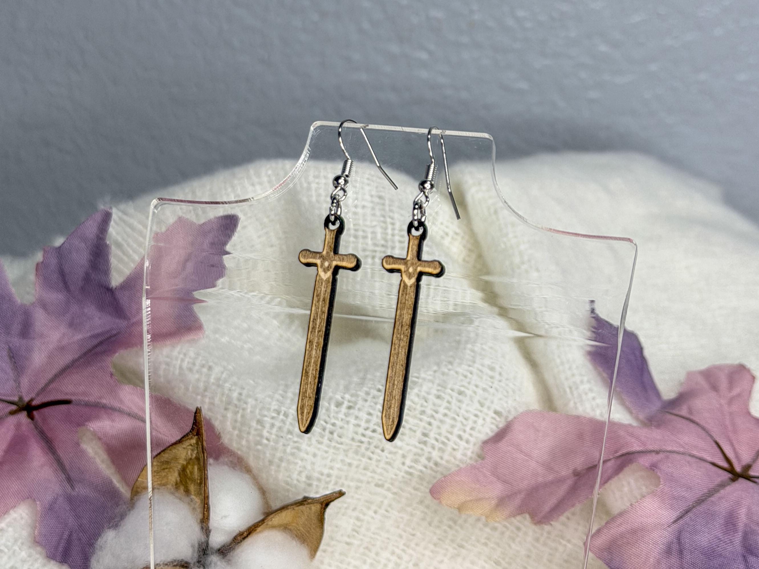 Sword Earrings | Lightweight Engraved Wooden Dangle Earrings | Bookish Fantasy Jewelry Gift