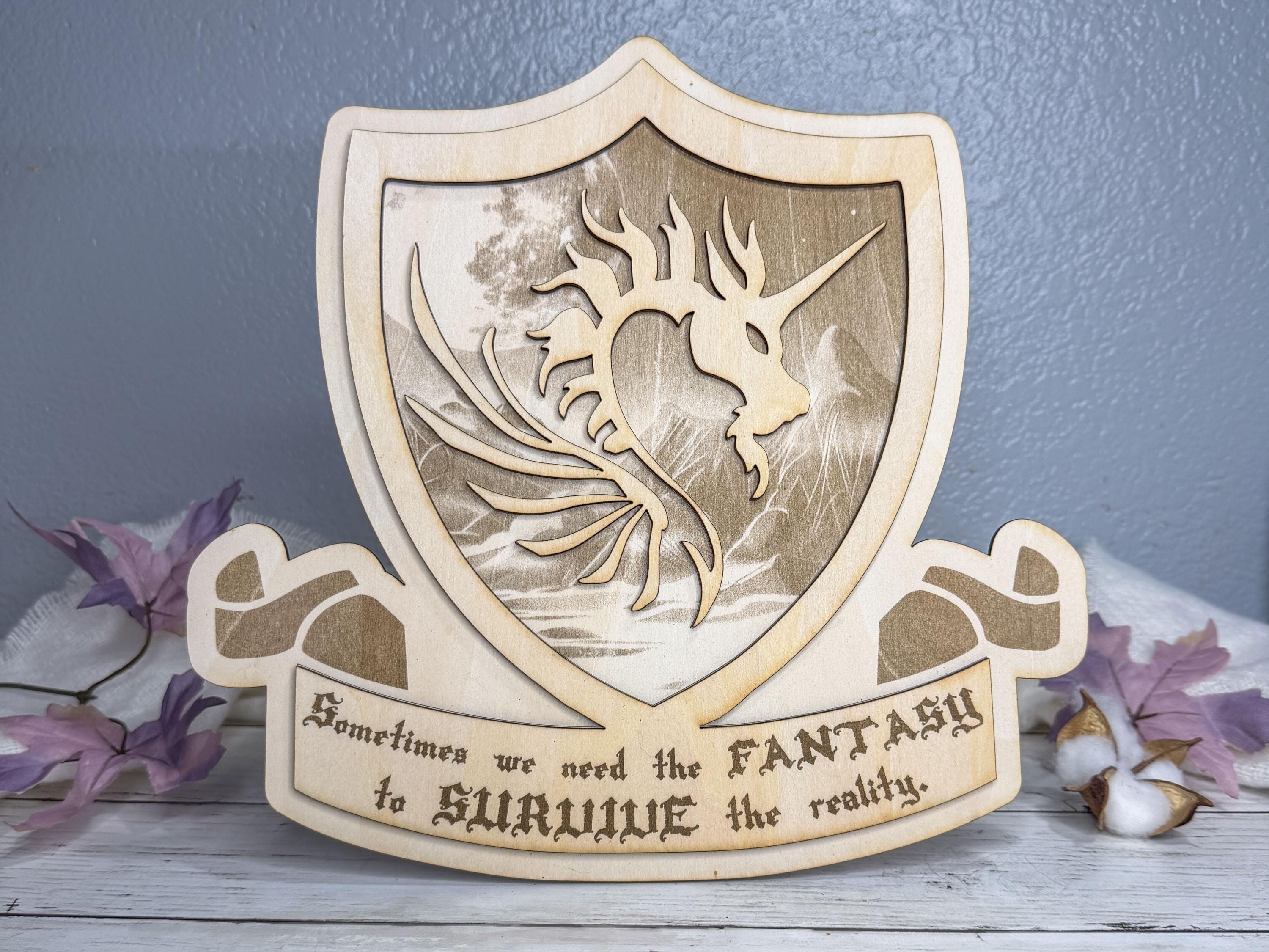 Fantasy Wall Plaque Engraved with Quote | Skeleton Unicorn Art | Gothic Layered Sign