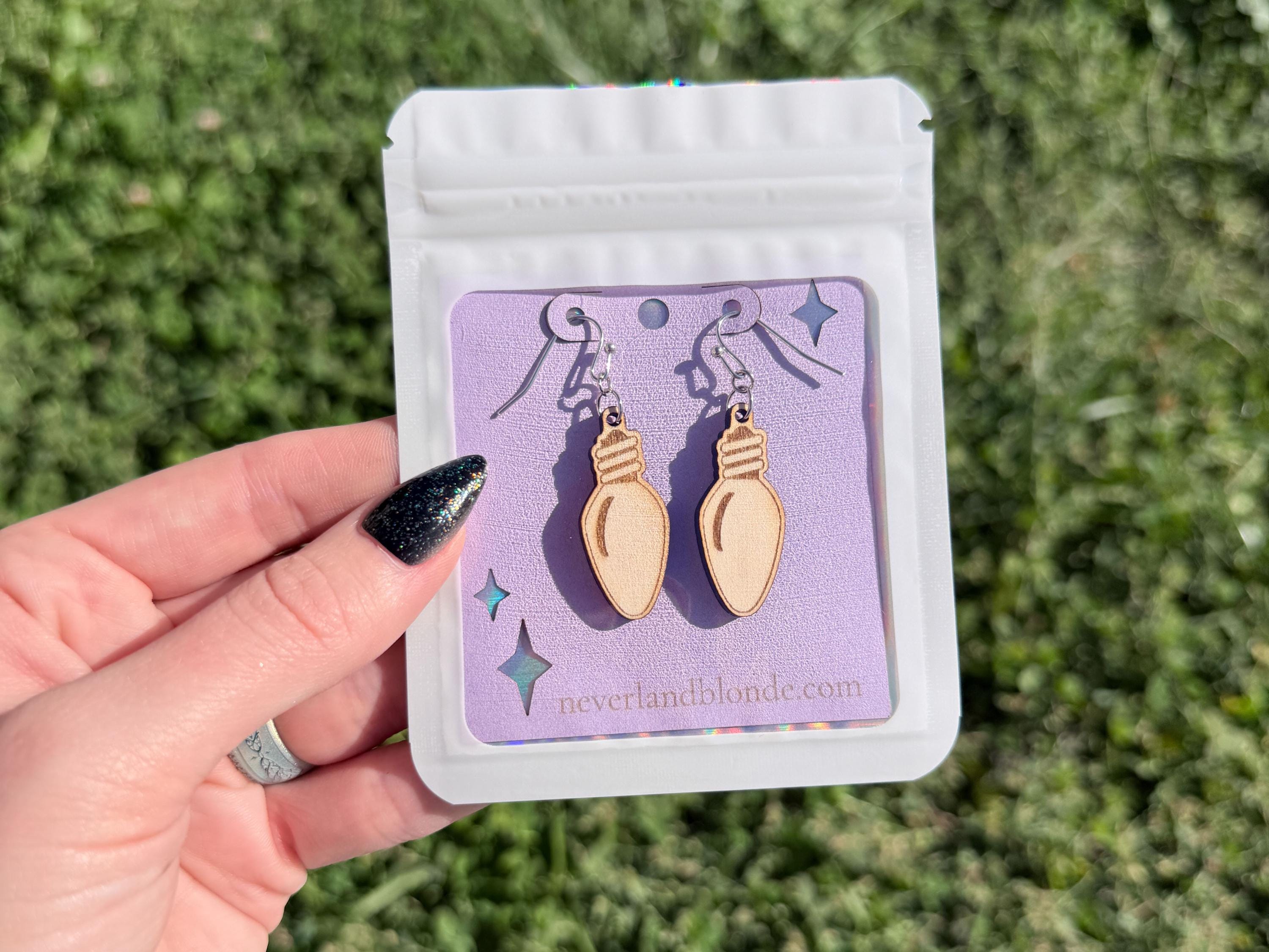Christmas Light Earrings | Lightweight Engraved Wooden Dangle Earrings | Holiday Bulb Jewelry Gift