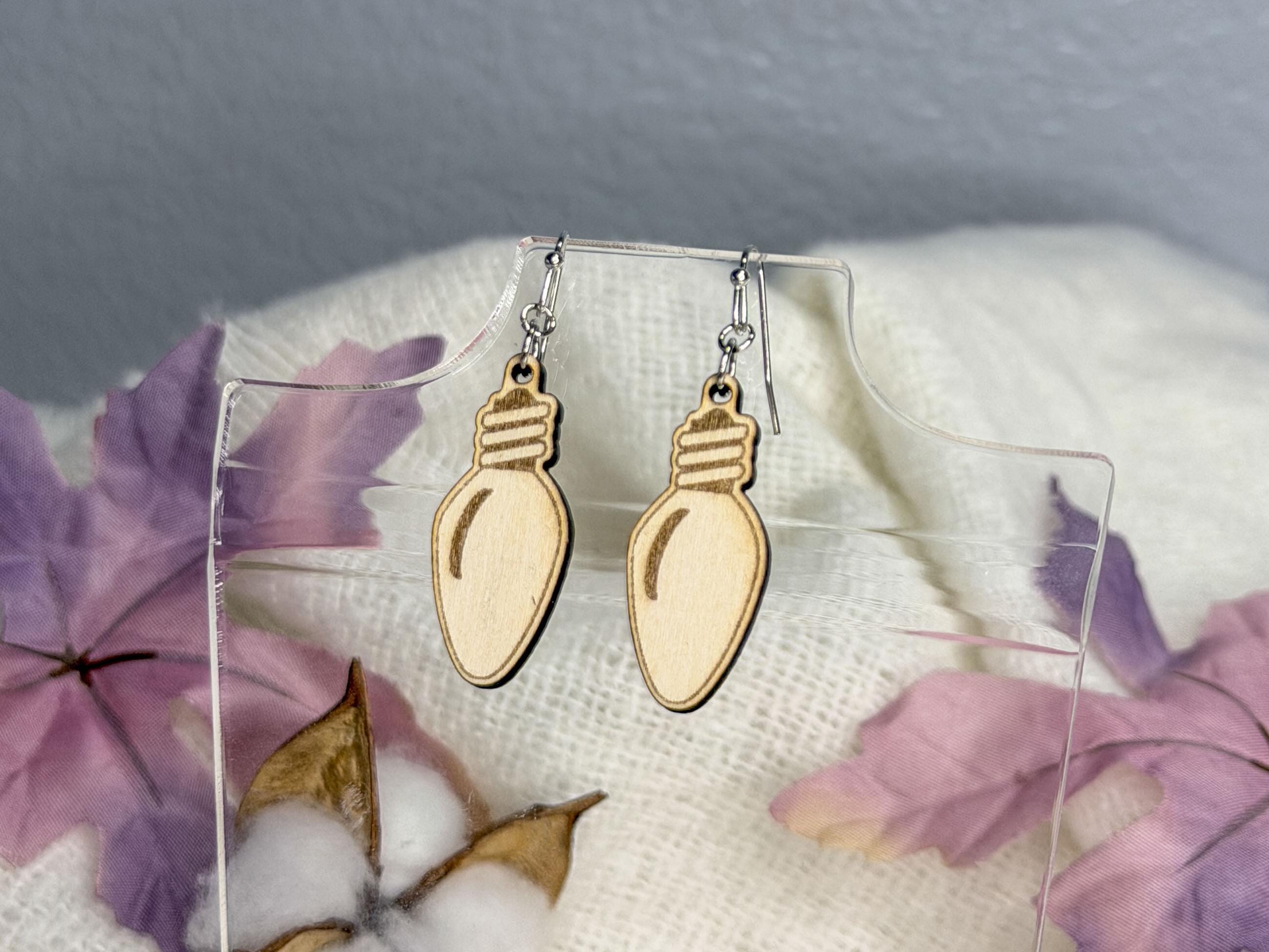 Christmas Light Earrings | Lightweight Engraved Wooden Dangle Earrings | Holiday Bulb Jewelry Gift