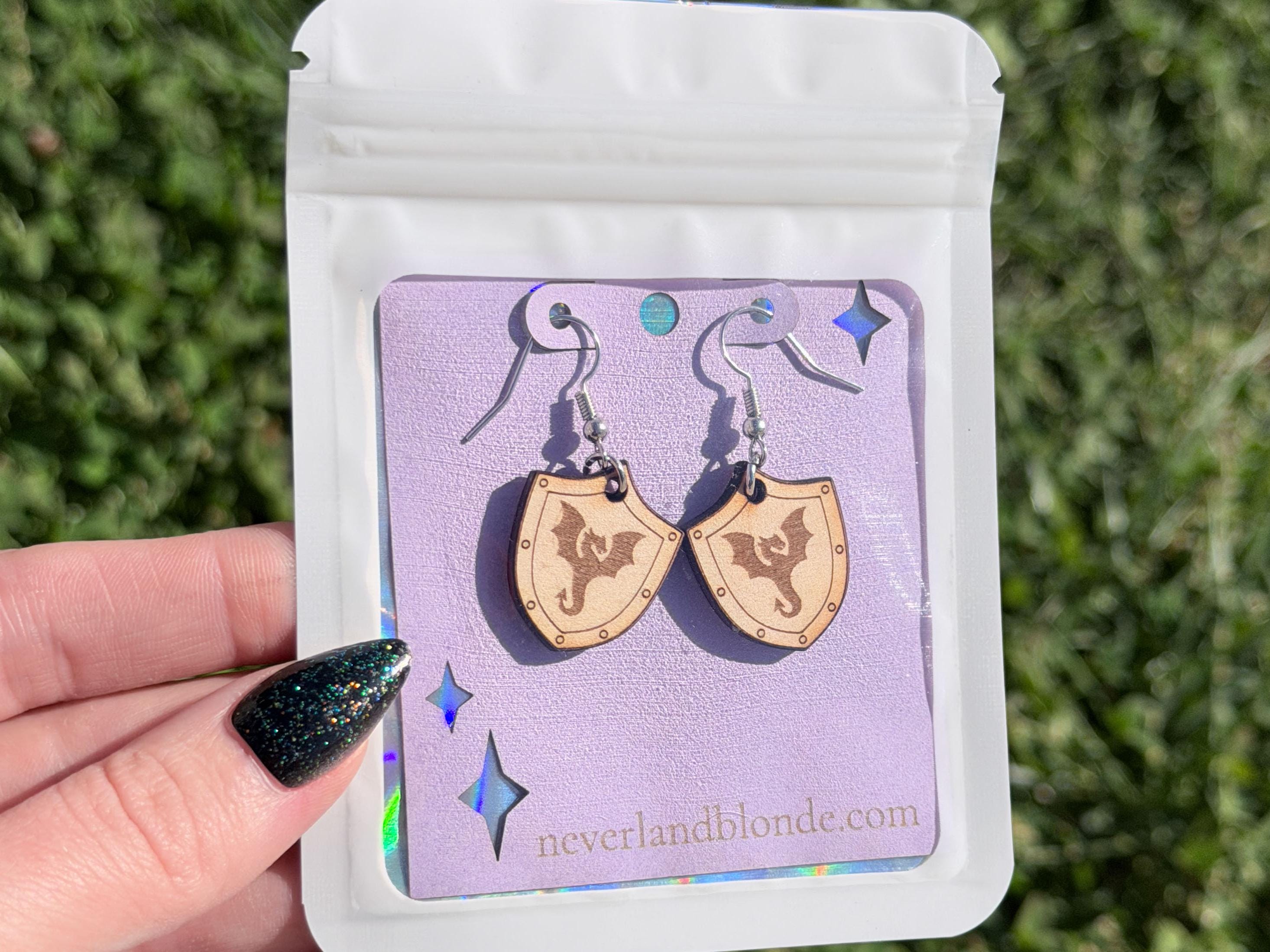 Dragon Shield Earrings | Lightweight Engraved Wooden Dangle Earrings | Bookish Fantasy Jewelry Gift