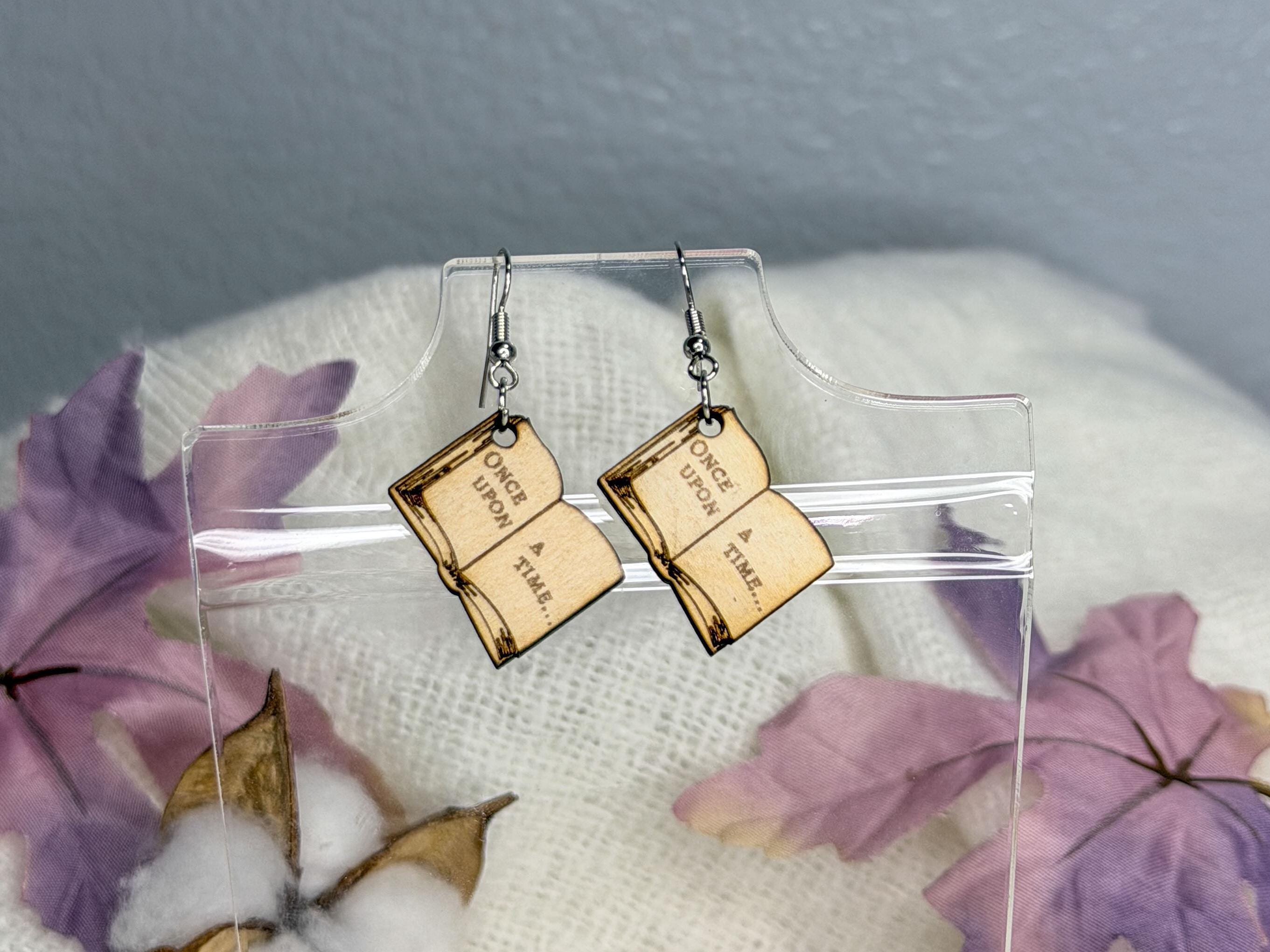Once Upon a Time Earrings | Storybook Engraved Wooden Dangle Earrings | Bookish Fantasy Jewelry Gift