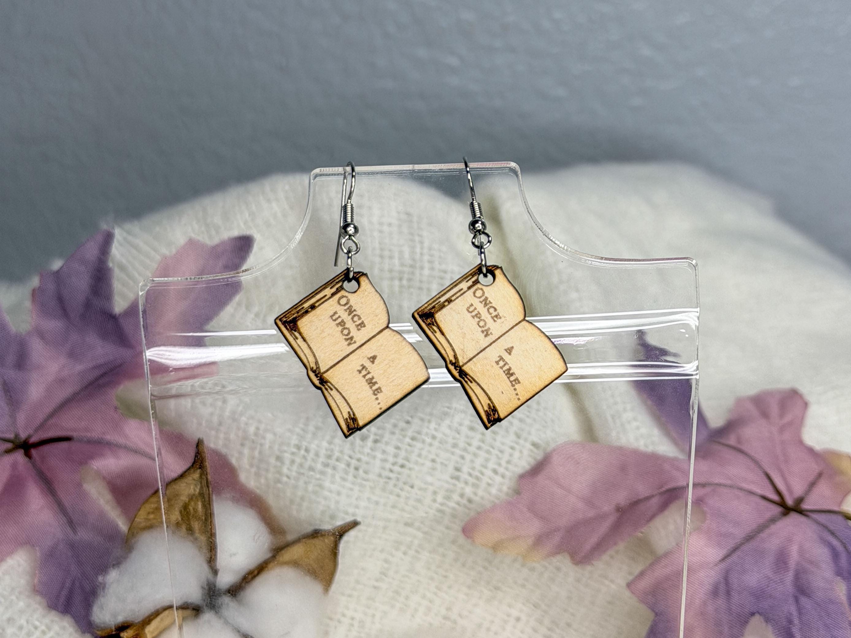 Once Upon a Time Earrings | Storybook Engraved Wooden Dangle Earrings | Bookish Fantasy Jewelry Gift