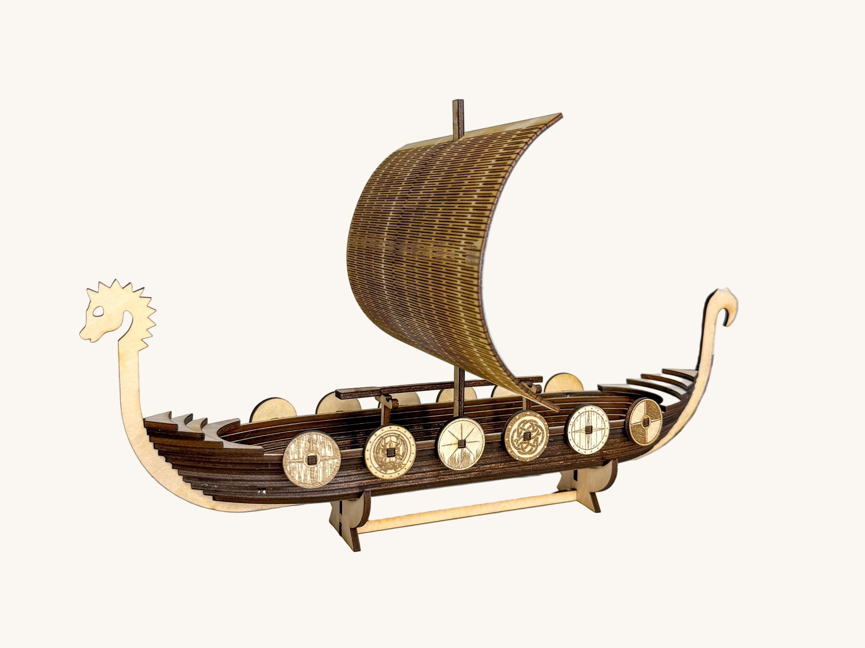 Wooden Viking Ship Model Decor | Handmade Layered Wood Longship with Sail & Display Stand