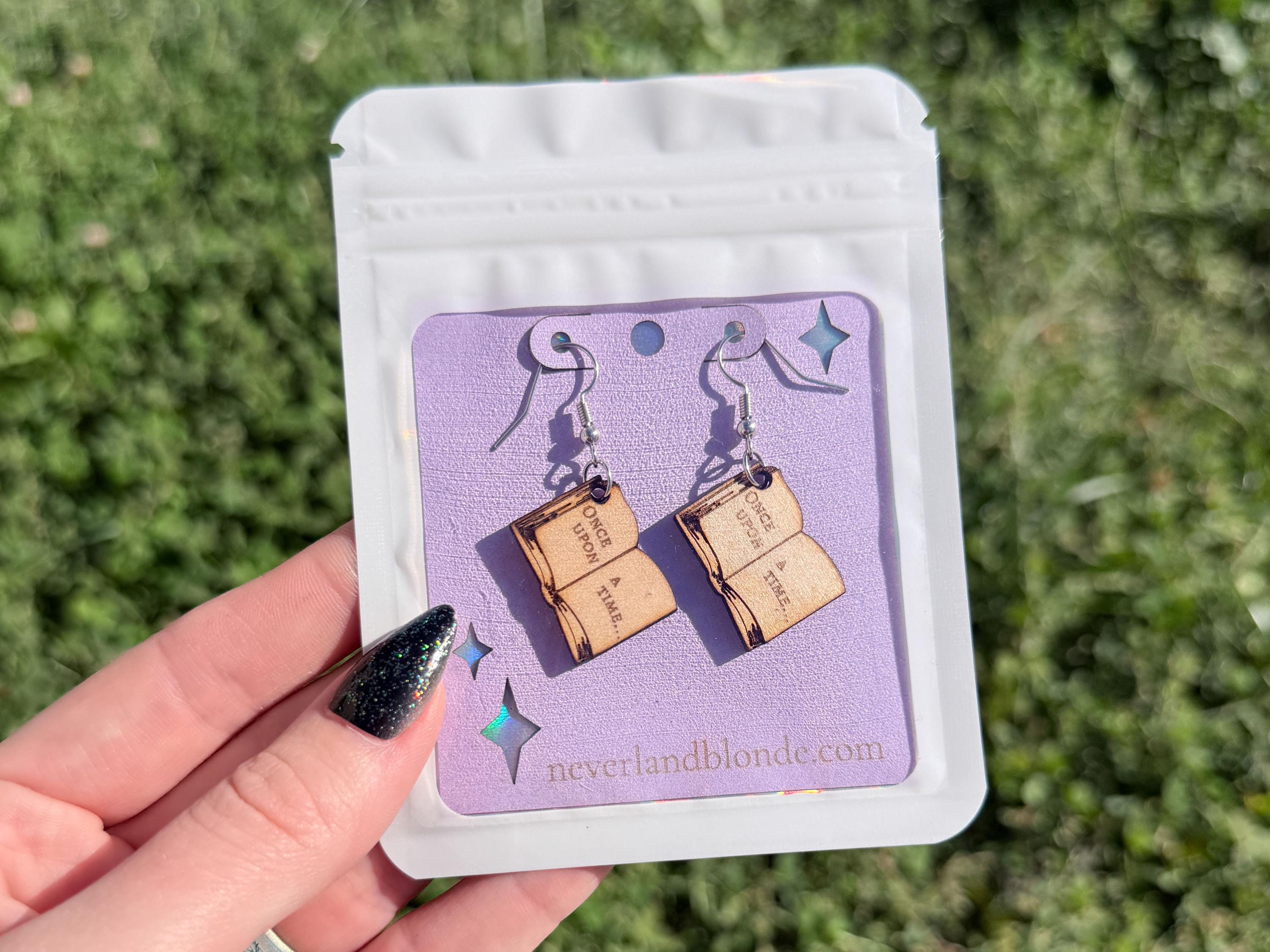 Once Upon a Time Earrings | Storybook Engraved Wooden Dangle Earrings | Bookish Fantasy Jewelry Gift