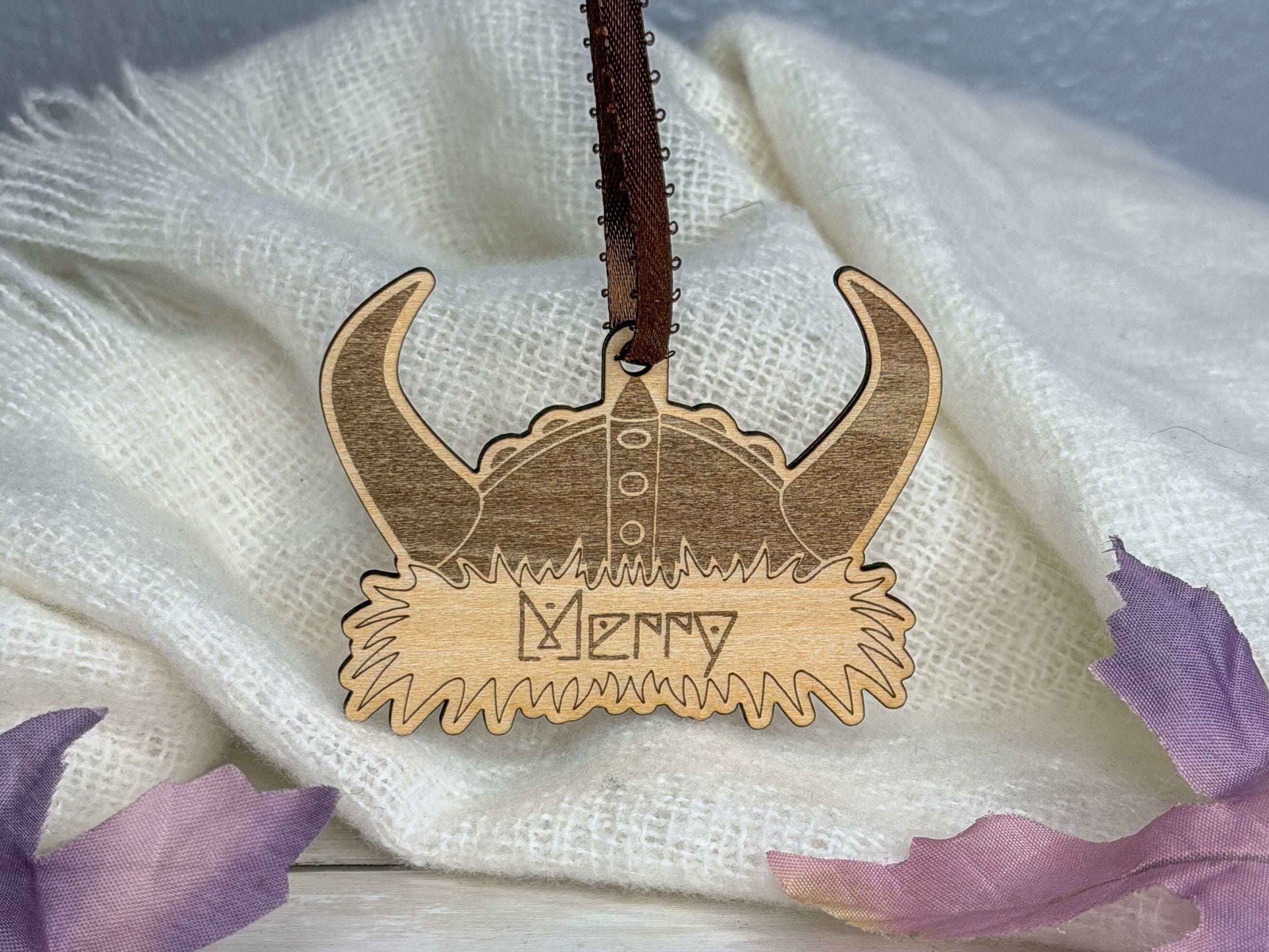 Viking Helmet Christmas Ornament Engraved with "Merry" for Norse Holiday Decoration