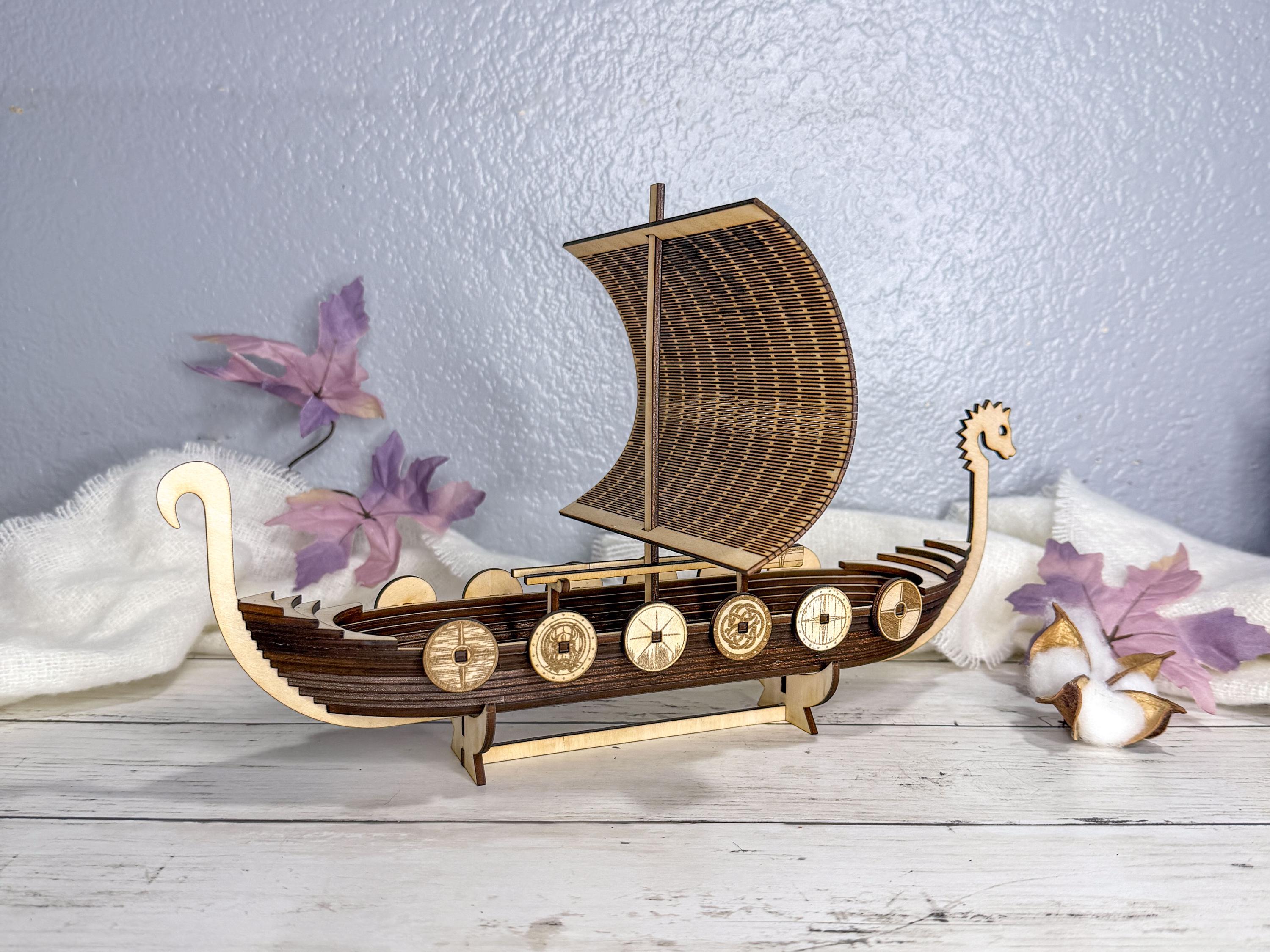 Wooden Viking Ship Model Decor | Handmade Layered Wood Longship with Sail & Display Stand