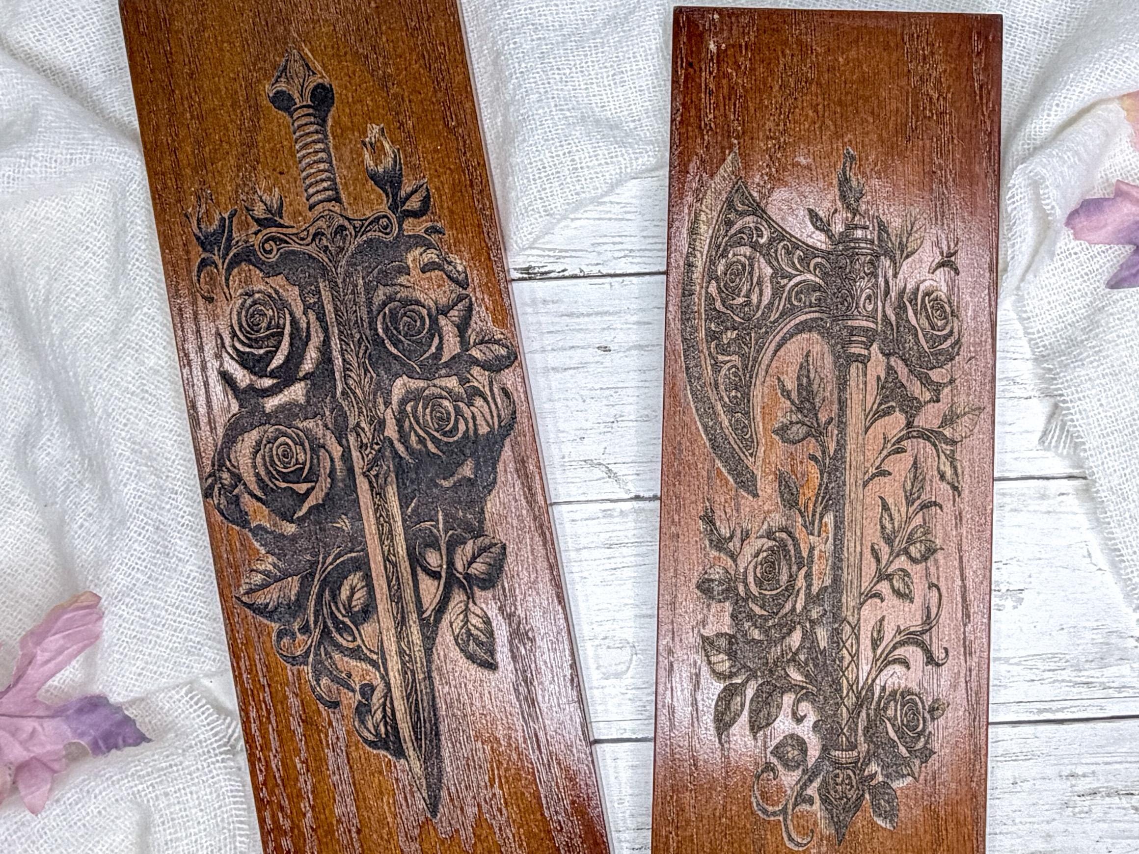 Sword or Axe with Roses Engraved Wall Art | Fantasy Weapons Hanging Sign Made from Reclaimed Wood