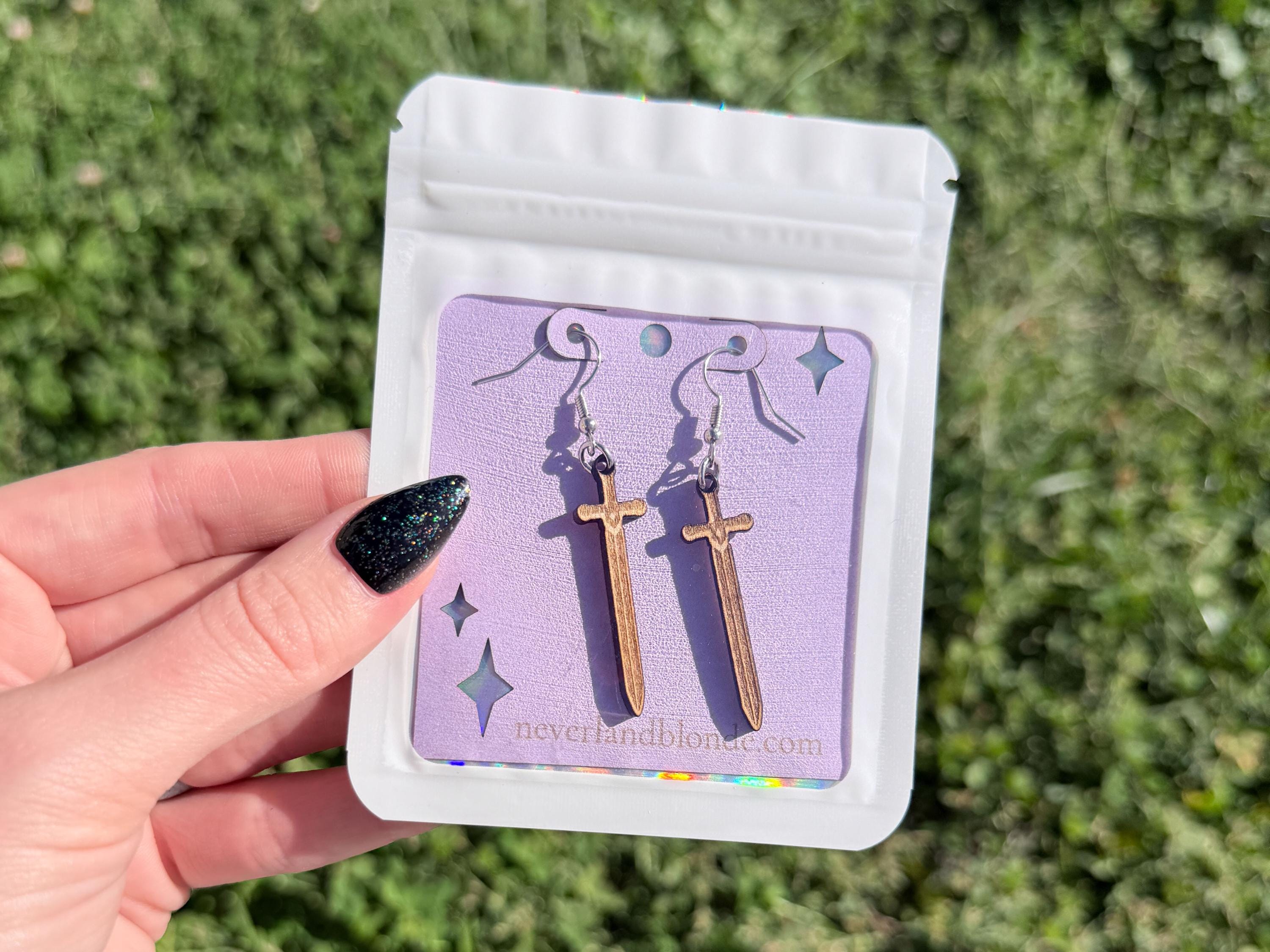 Sword Earrings | Lightweight Engraved Wooden Dangle Earrings | Bookish Fantasy Jewelry Gift