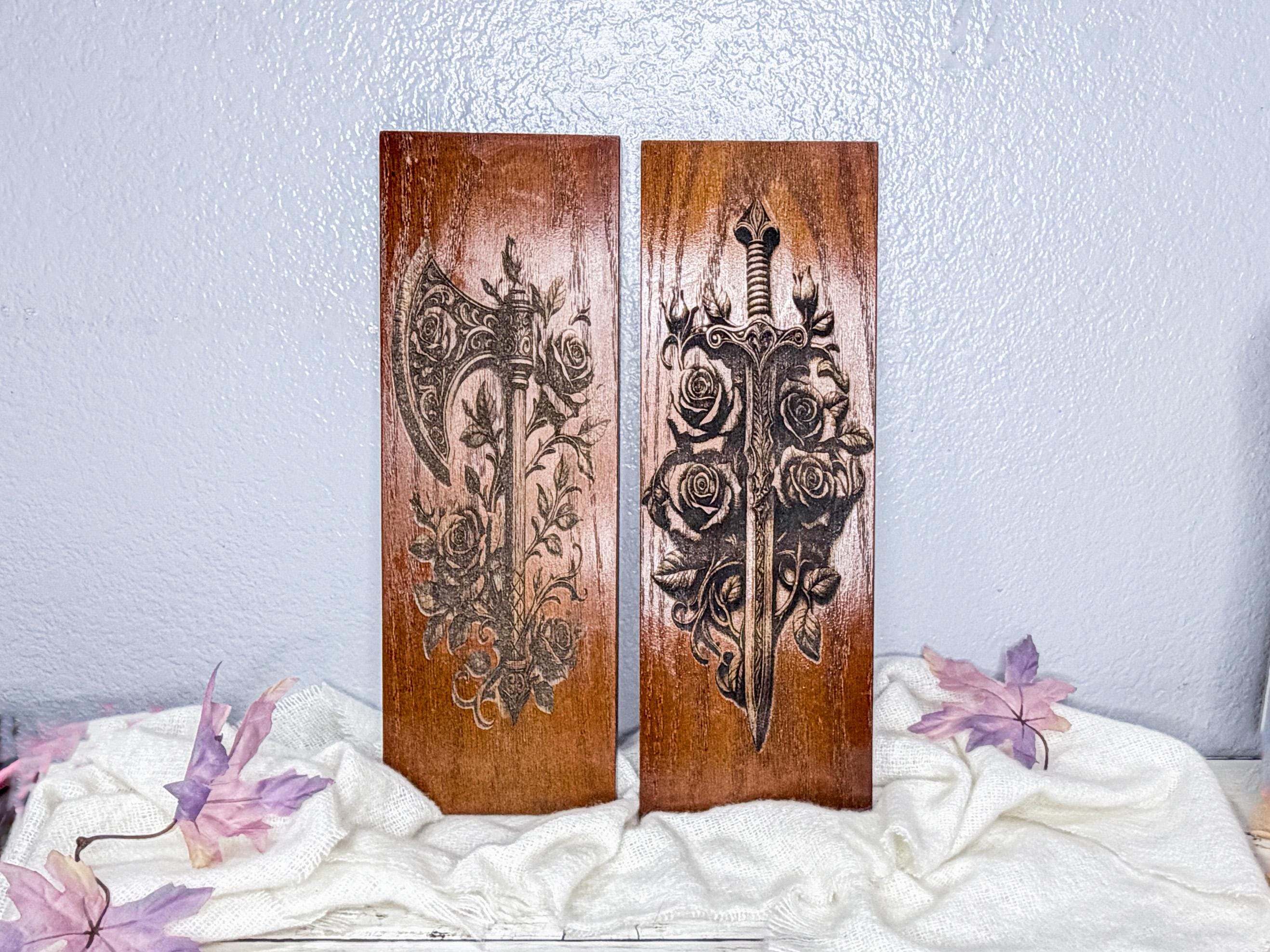 Sword or Axe with Roses Engraved Wall Art | Fantasy Weapons Hanging Sign Made from Reclaimed Wood