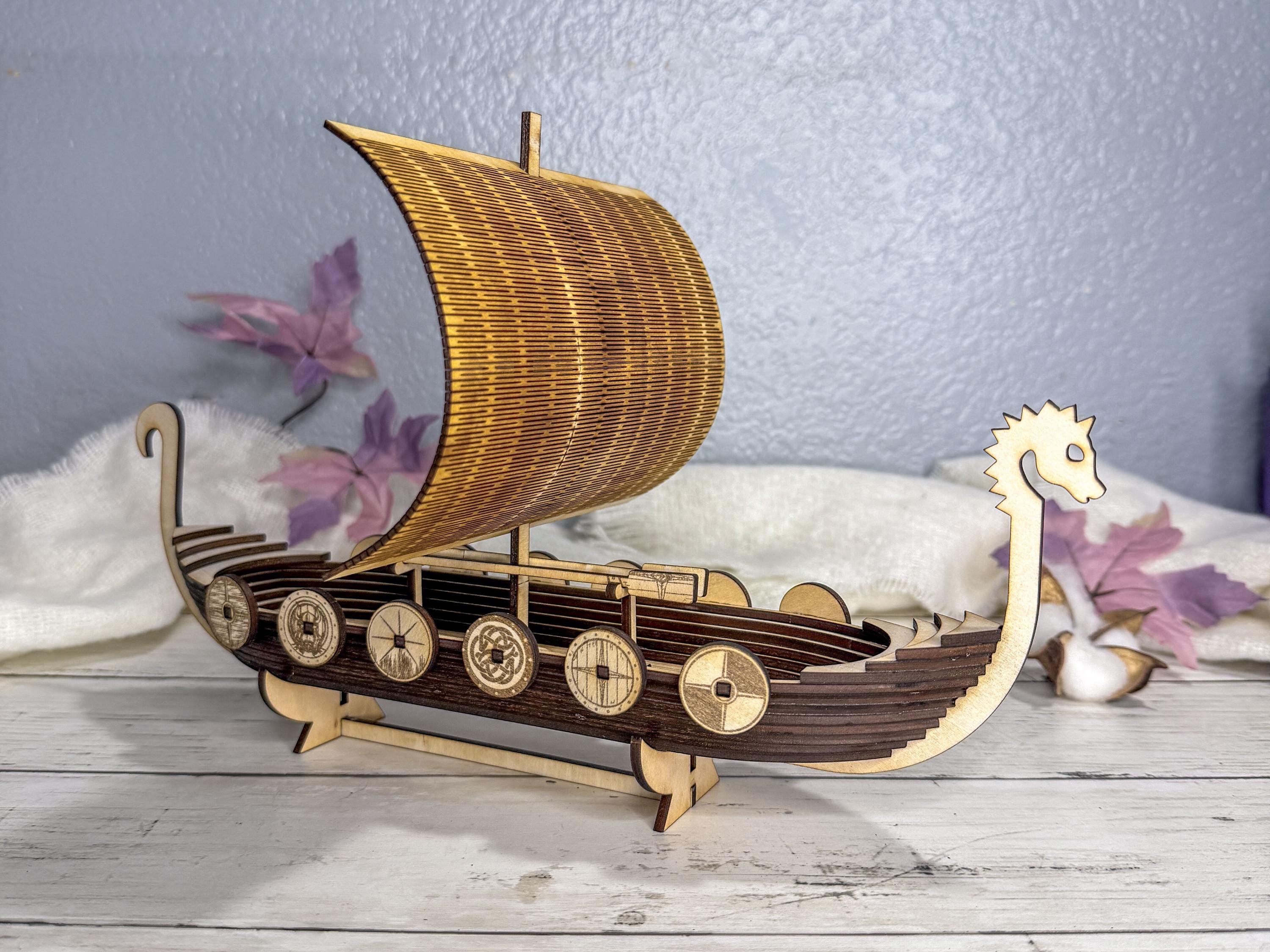 Wooden Viking Ship Model Decor | Handmade Layered Wood Longship with Sail & Display Stand