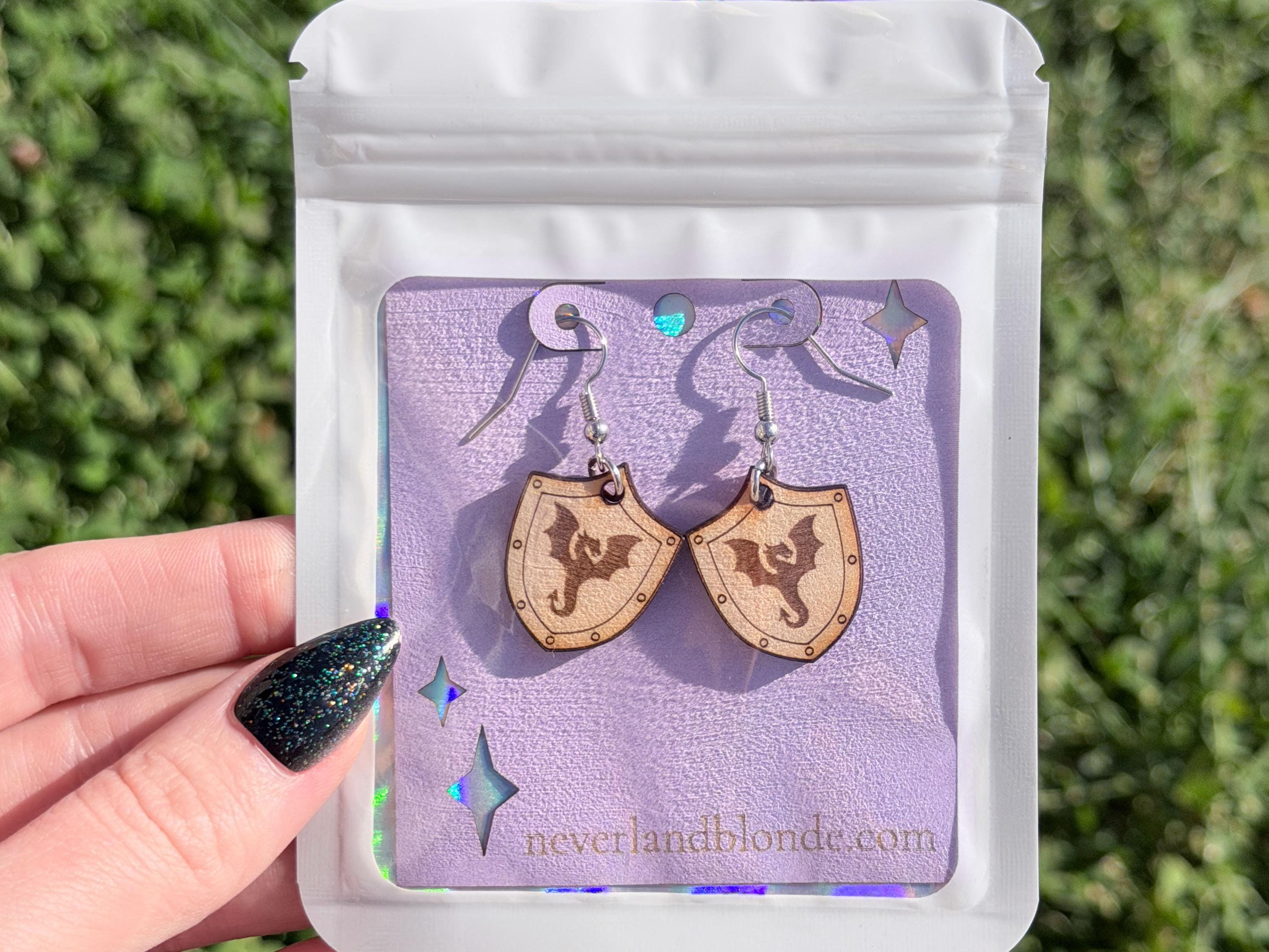 Dragon Shield Earrings | Lightweight Engraved Wooden Dangle Earrings | Bookish Fantasy Jewelry Gift