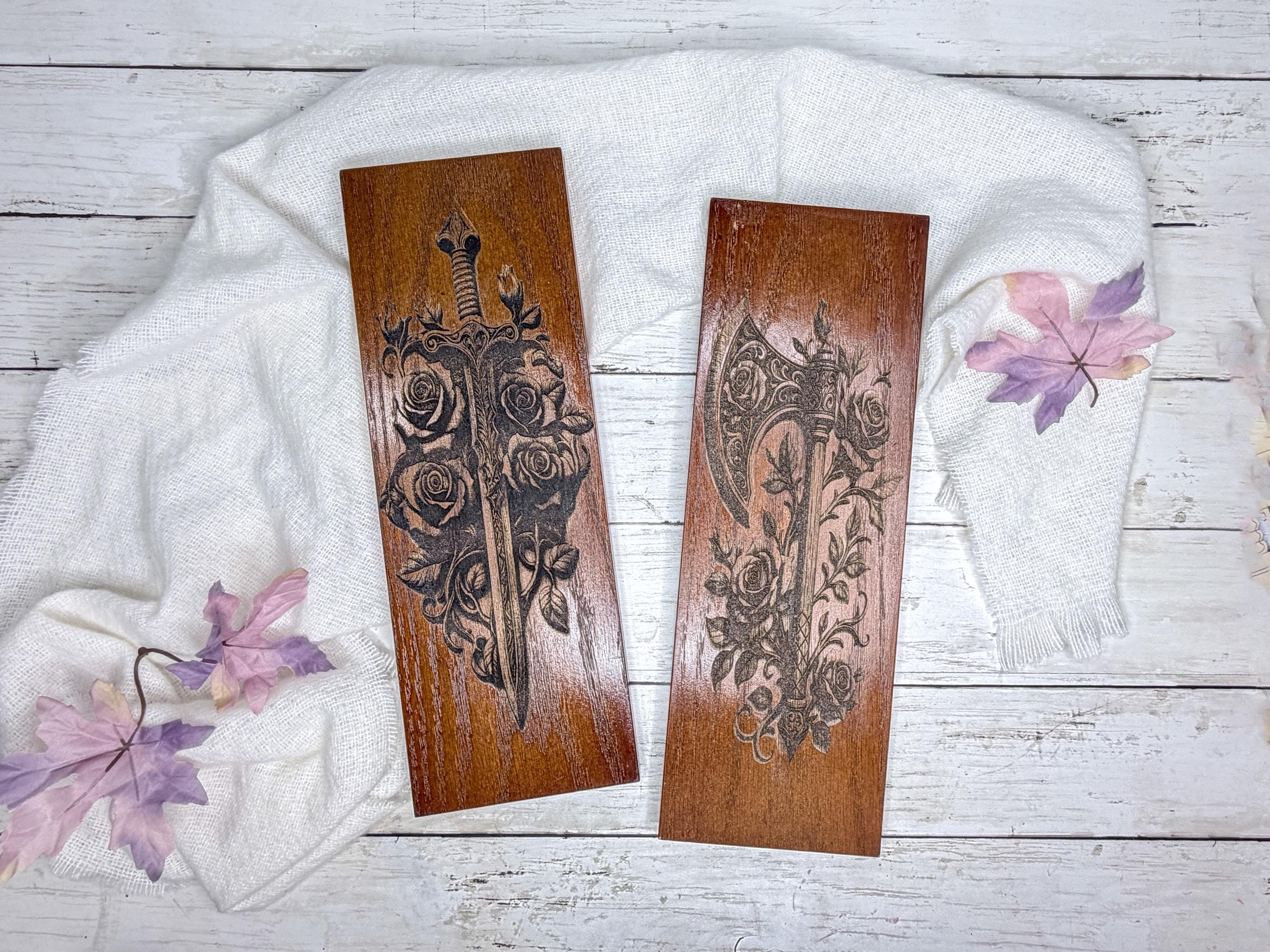 Sword or Axe with Roses Engraved Wall Art | Fantasy Weapons Hanging Sign Made from Reclaimed Wood