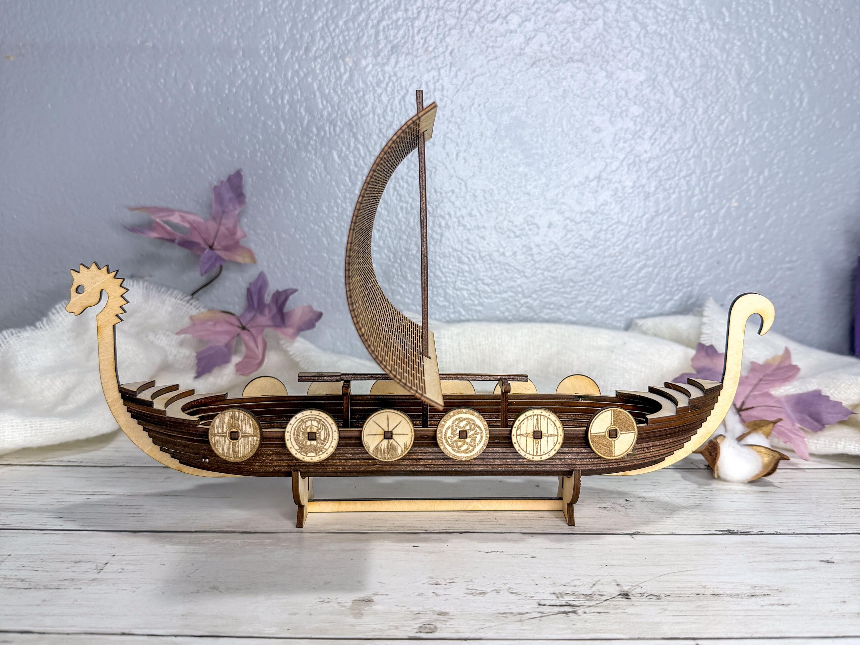 Wooden Viking Ship Model Decor | Handmade Layered Wood Longship with Sail & Display Stand