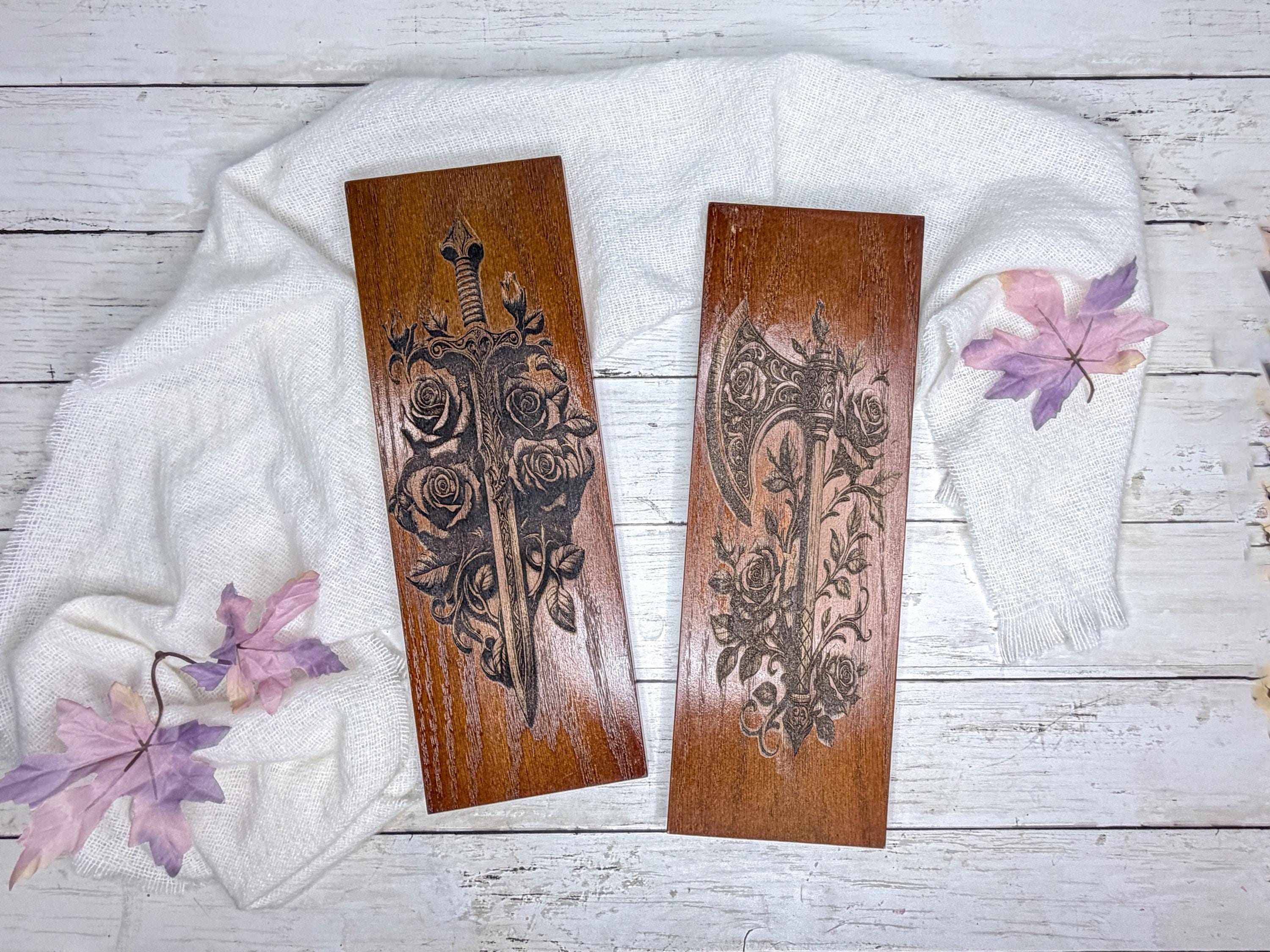 Sword or Axe with Roses Engraved Wall Art | Fantasy Weapons Hanging Sign Made from Reclaimed Wood