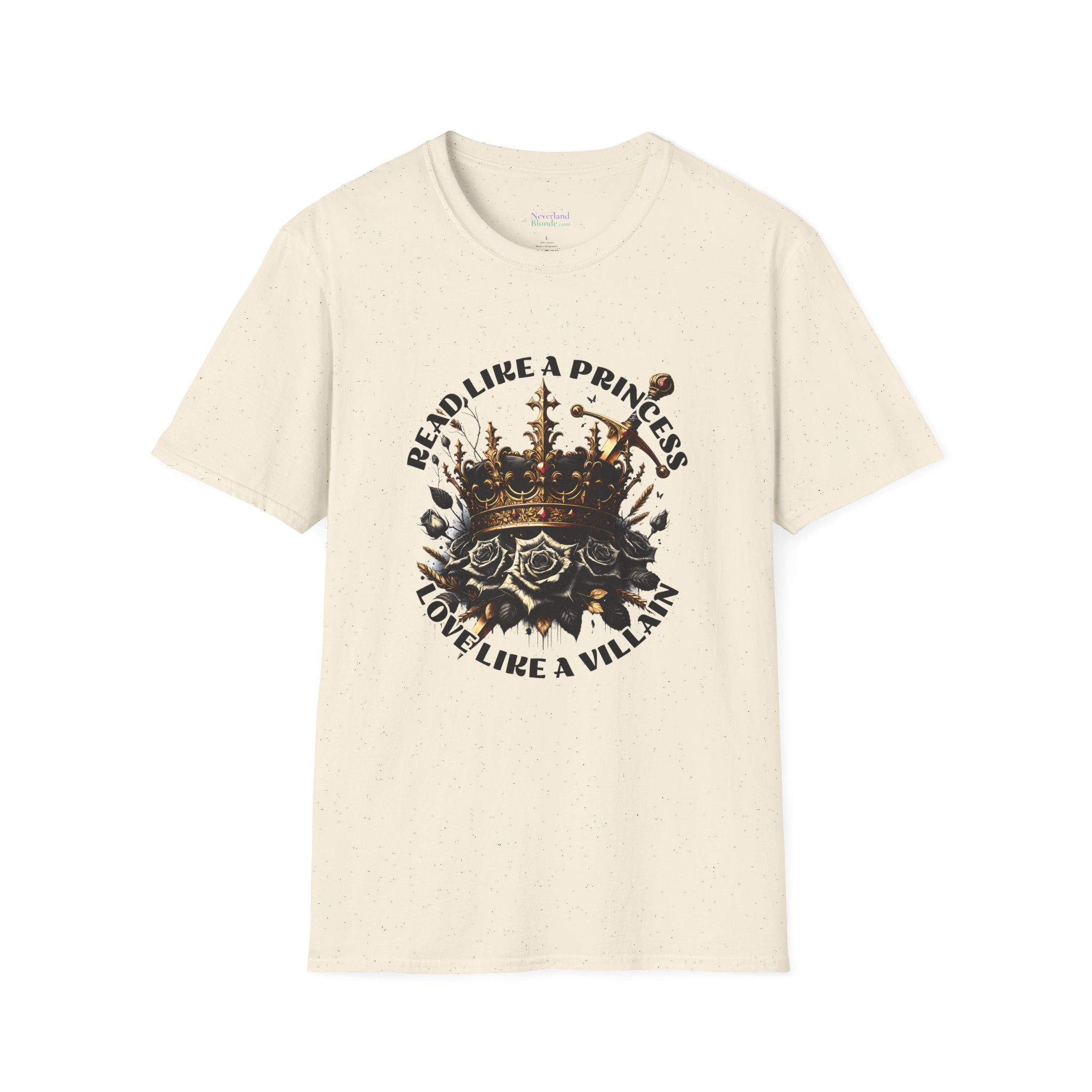 T-Shirt — "Read Like a Princess, Love Like a Villain" Crown Skull Graphic Tee