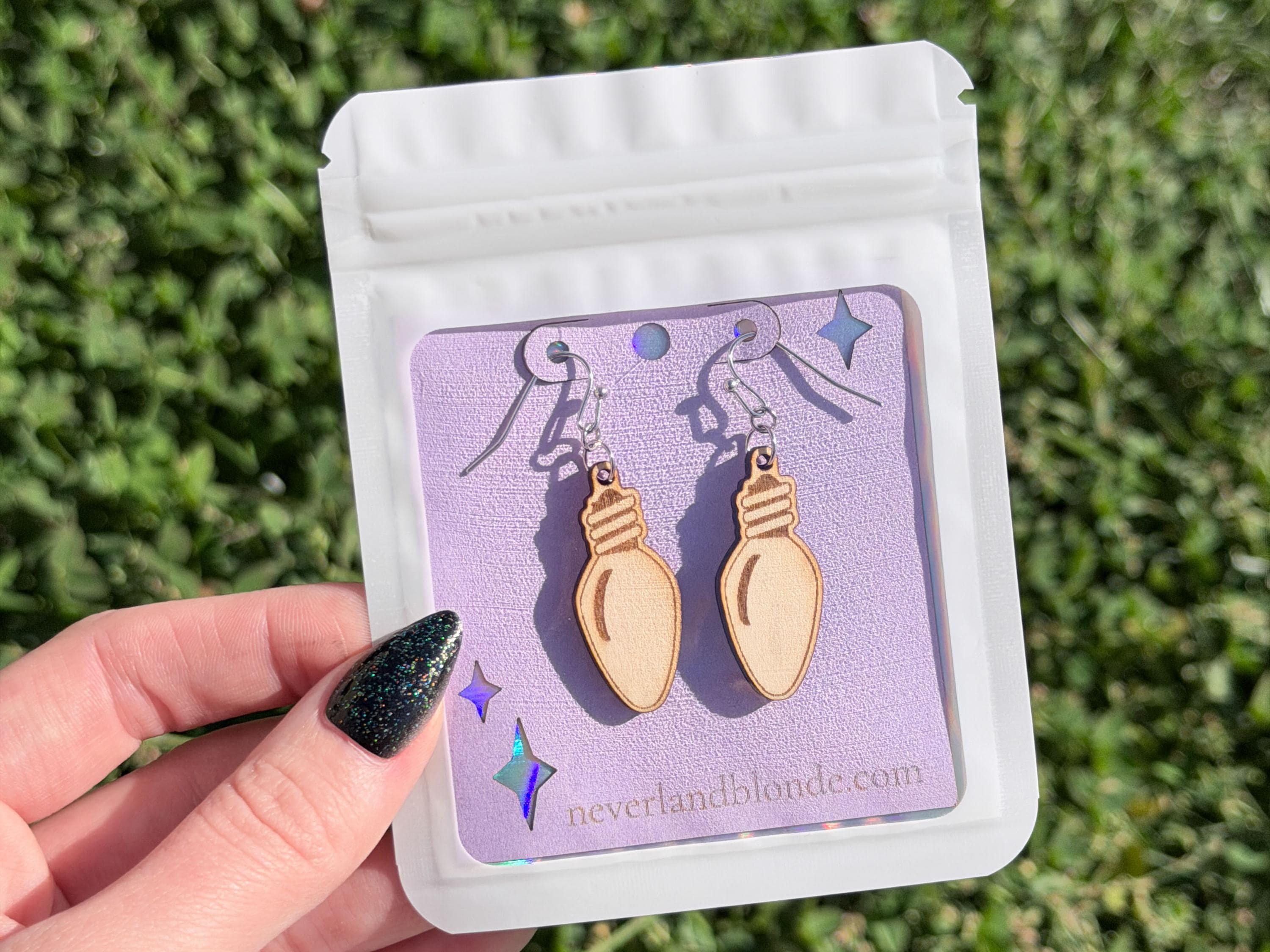 Christmas Light Earrings | Lightweight Engraved Wooden Dangle Earrings | Holiday Bulb Jewelry Gift