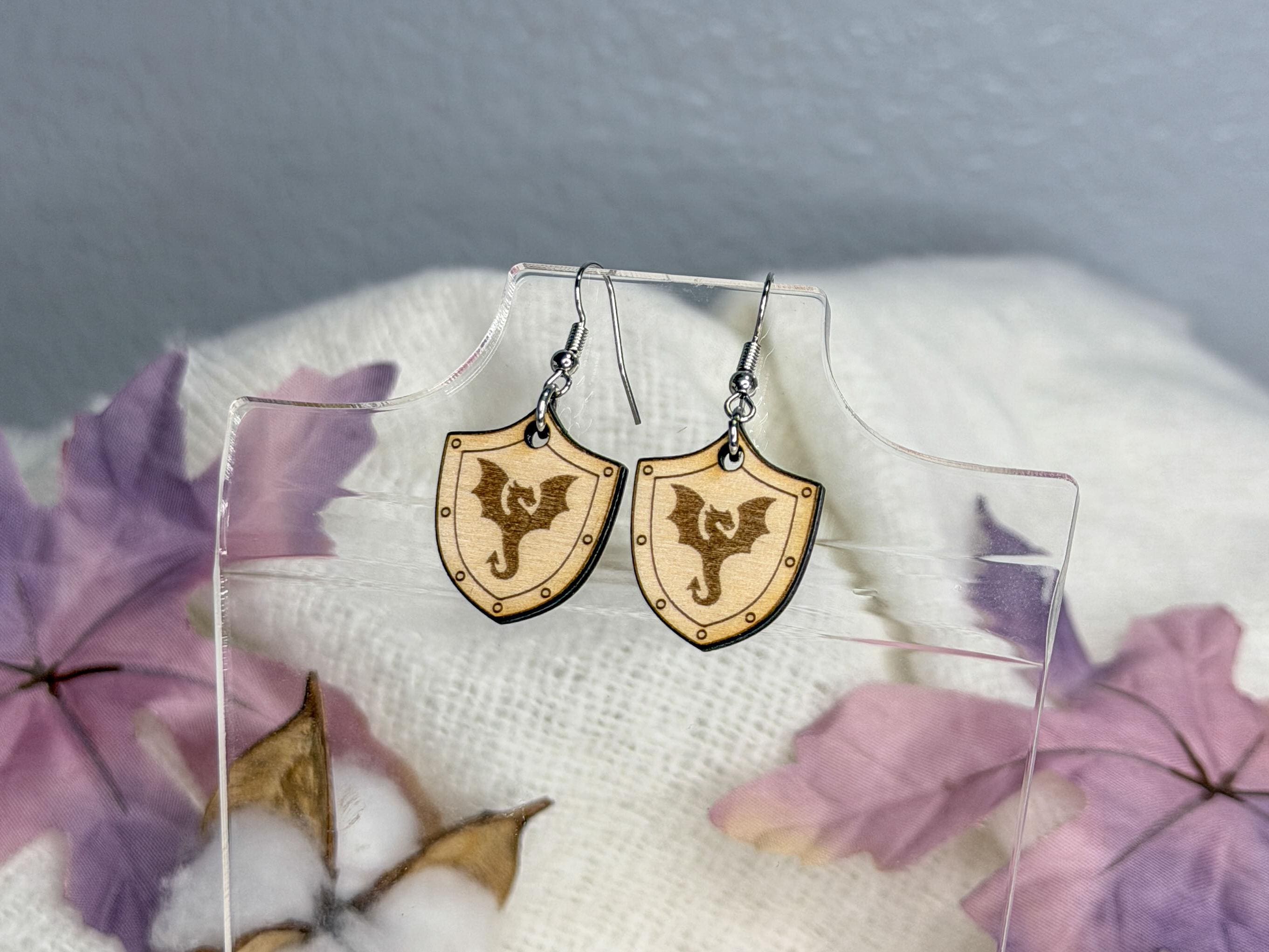 Dragon Shield Earrings | Lightweight Engraved Wooden Dangle Earrings | Bookish Fantasy Jewelry Gift