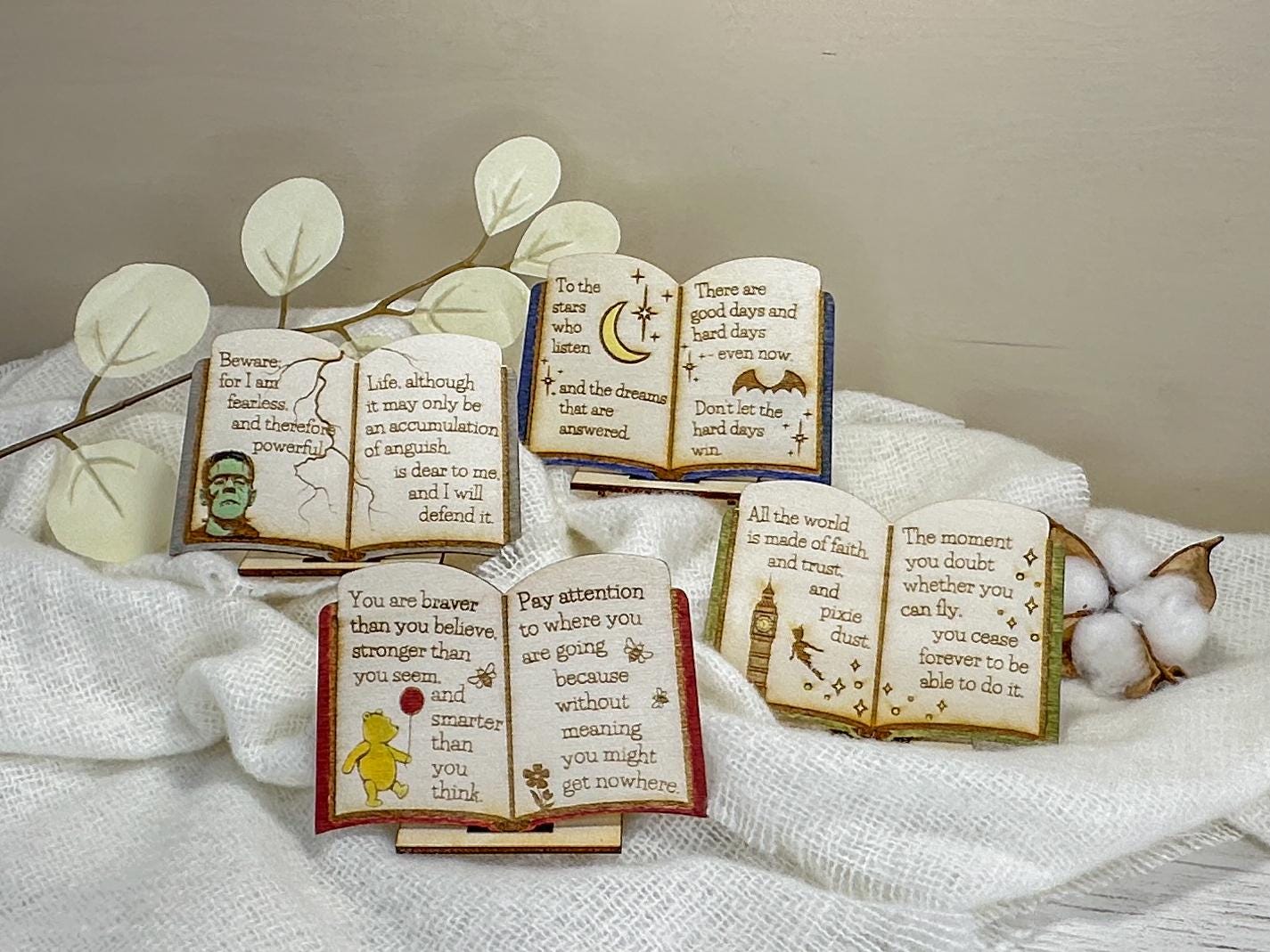 Miniature Book Decor: Hand-Painted Literary Quote Sign from ACOTAR, Frankenstein, Winnie the Pooh