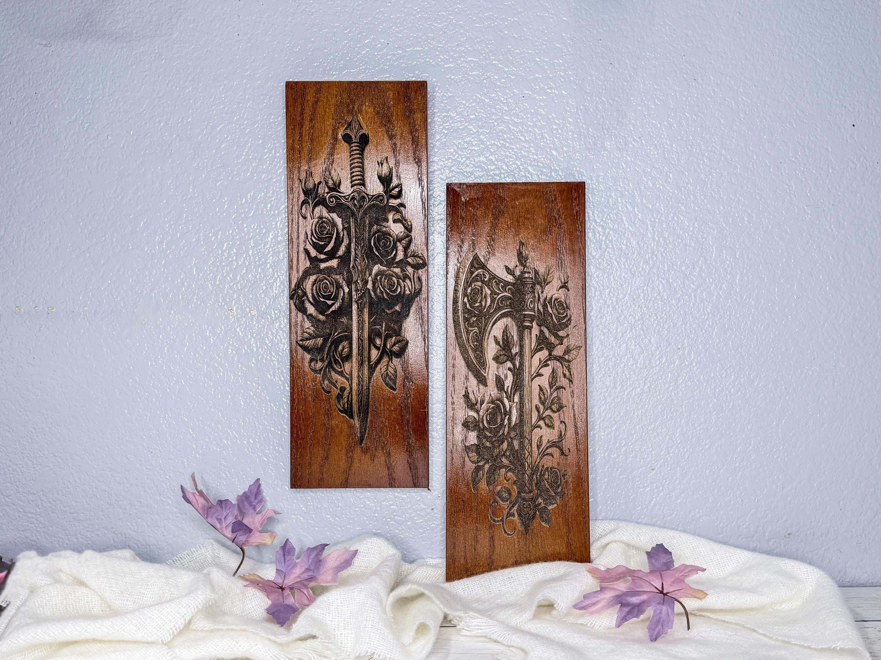 Sword or Axe with Roses Engraved Wall Art | Fantasy Weapons Hanging Sign Made from Reclaimed Wood